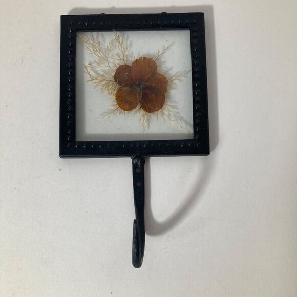Vintage Wall Hook Pressed Flower in Glass Metal Frame 3.5 x 6" - Picture 1 of 6